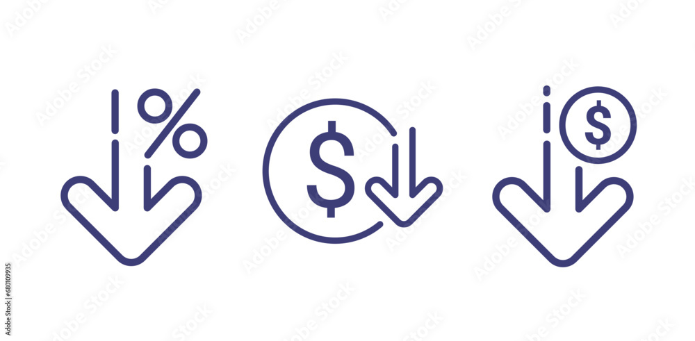 Cost reduction icon price lower arrow. Vector low cost money crisis line icon - obrazy, fototapety, plakaty 