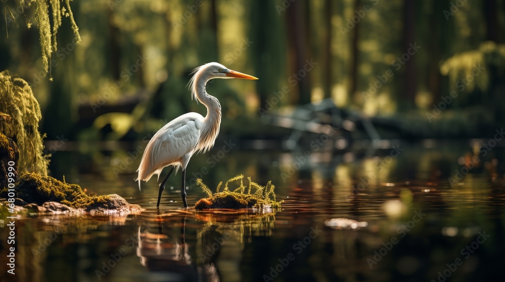 Elegant Egret Standing by the Pond - obrazy, fototapety, plakaty 