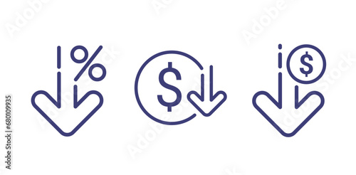 Cost reduction icon price lower arrow. Vector low cost money crisis line icon