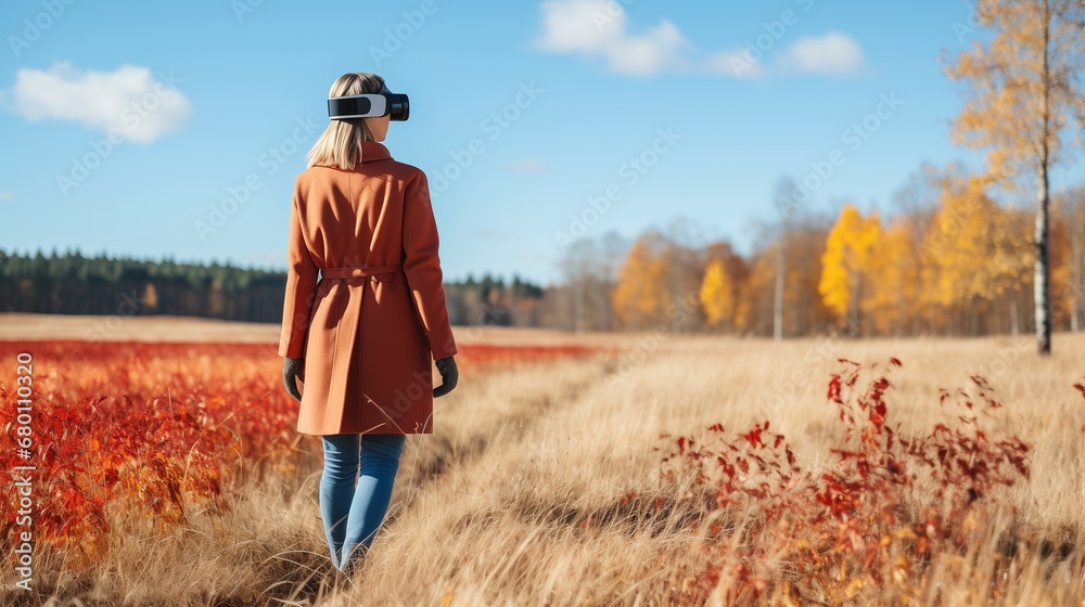 Immersed in Contrast, A Woman Wearing a Virtual Reality Headset in the Midst of Nature, Generative AI