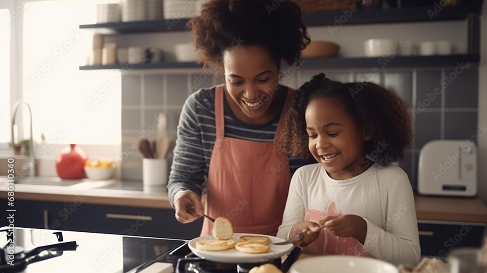 Happy african american mother and daughter baking pancakes in kitchen at home. lifestyle, family, motherhood, cooking, food and domestic life, unaltered. - obrazy, fototapety, plakaty 