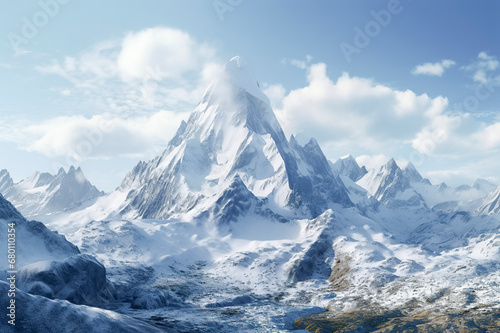 a snowy mountain range with a prominent peak against a blue sky with white clouds, ai generative © larrui
