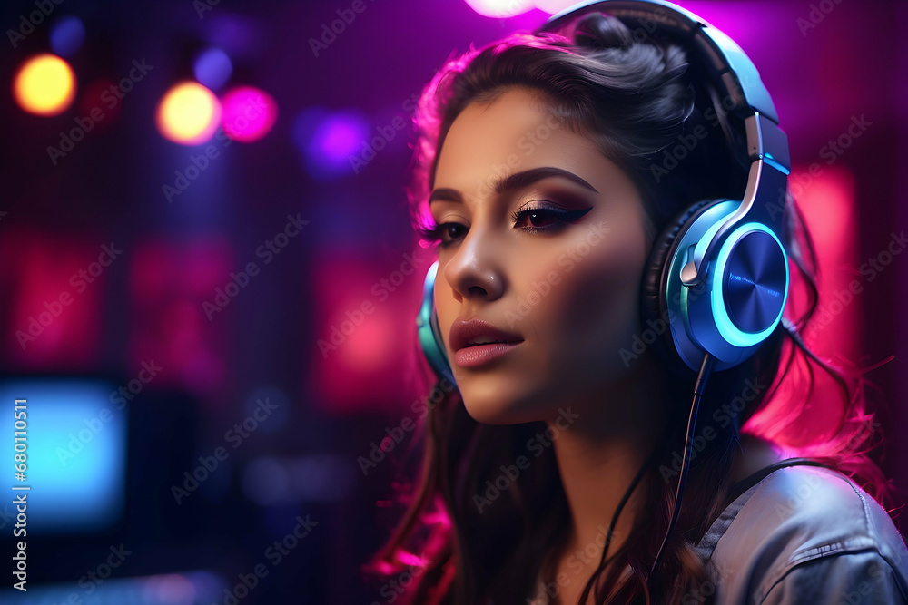 woman singing into microphone in recording studio woman singing into microphone in recording studio