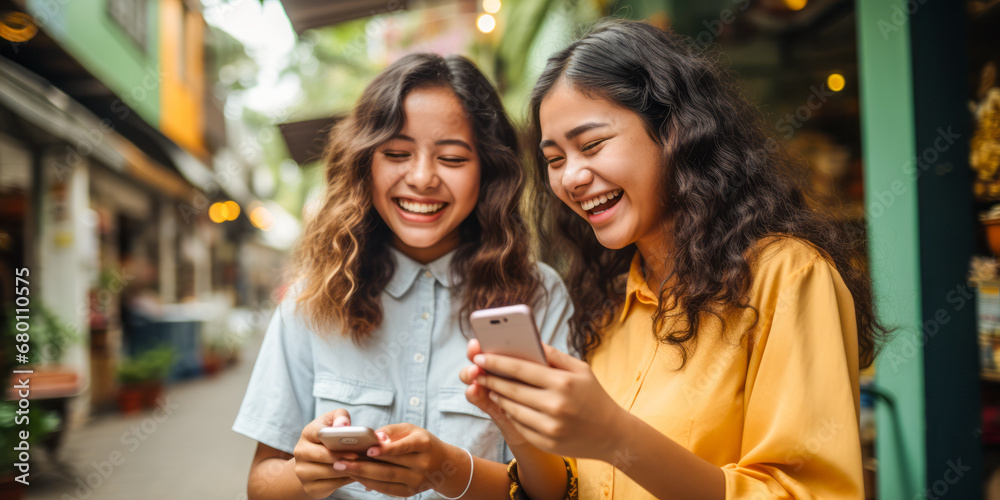Teenage girls laughing at a cellphone together.