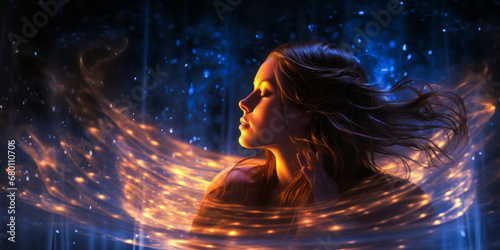 Woman wrapped in glowing dreamlike filament, profile view, magical