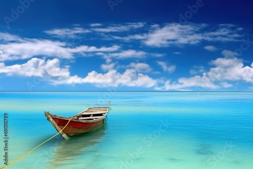 A lone boat graces turquoise ocean waters under a vast blue sky, framed by billowing white clouds, revealing a tropical island—a panoramic view promising serenity for your summer vacation escape