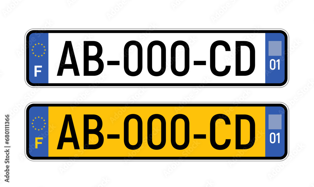 France car license plate isolated country drive symbol. Transportation France European vehicle number. France car license plate isolated country drive symbol. Transportation France European vehicle number.