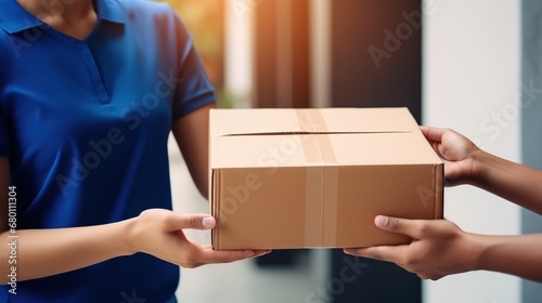 Delivery courier gives a parcel to a person