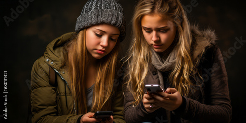 Two worried blonde teenagers checking mobile phones