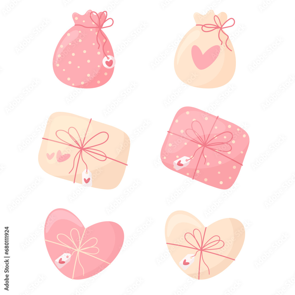 set of valentine's day gifts with hearts. packing vector illustration, cartoon style. set of valentine's day gifts with hearts. packing vector illustration, cartoon style.