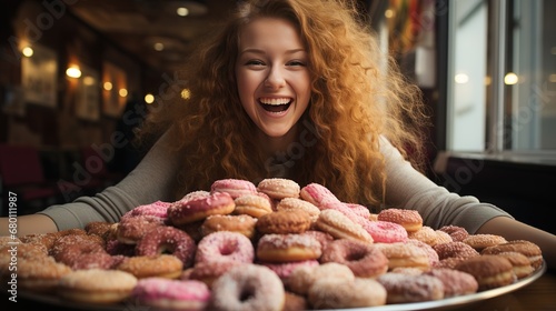 Happy redhead girl with a plate with many donuts   quit dieting