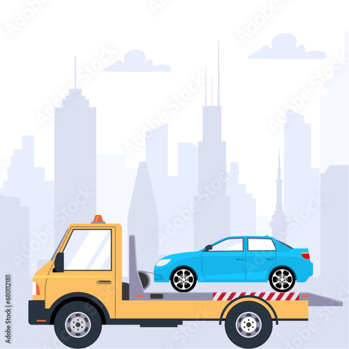 Car tow truck accident roadside assistance. Crash breakdown flatbed blue car recovery tow truck © kolonko