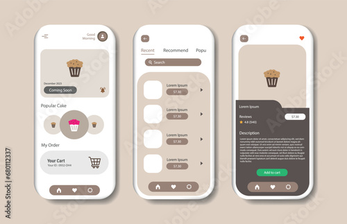 Online mobile application for a cake or bakery shop. Platform screen to buy cakes and bread. Graphical user interface for responsive mobile applications