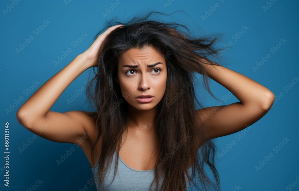 A Disheartened Woman Gazing at her Distressed, Dry Ends: The Struggle of Taming Damaged Hair A Disheartened Woman Gazing at her Distressed, Dry Ends: The Struggle of Taming Damaged Hair