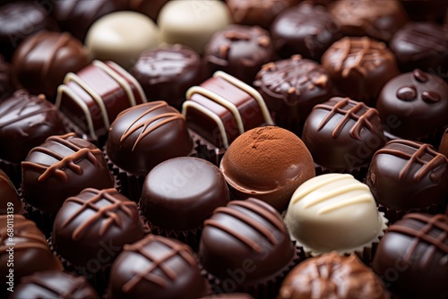 Decadent delights. Mouthwatering assortment of fine chocolates in various shapes and flavors. Sweet indulgence. Tempting collection of gourmet chocolate perfect for celebrations and holidays