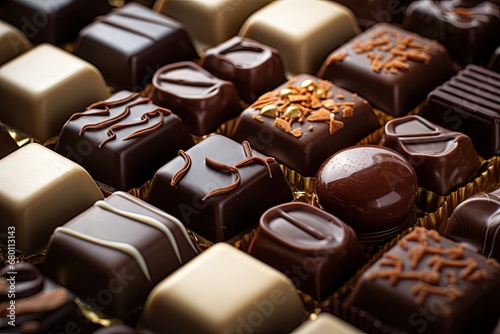 Decadent delights. Mouthwatering assortment of fine chocolates in various shapes and flavors. Sweet indulgence. Tempting collection of gourmet chocolate perfect for celebrations and holidays photo