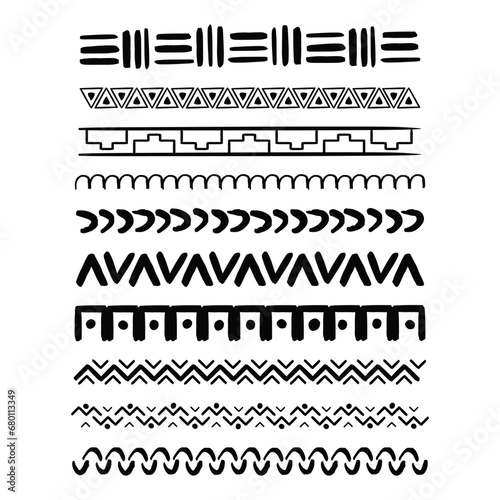 Set african tribal motive border in doodle hand drawn style from geometrical shapes isolated on white background. boho scandinavian srtoke, traditional native decor.