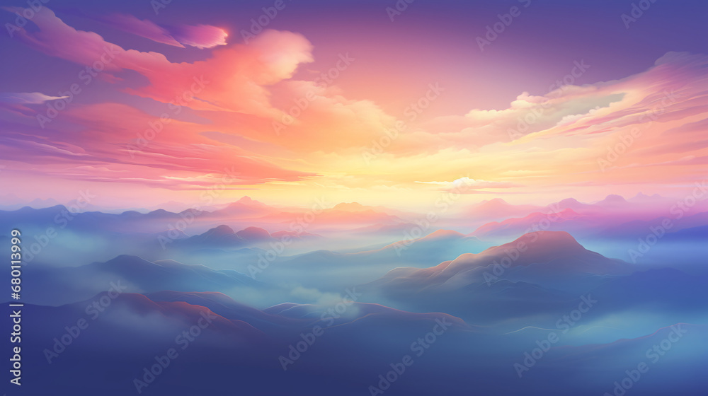 Majestic Sunrise Over Generative AI Rendered Mountain Range with Mist and Vivid Colors