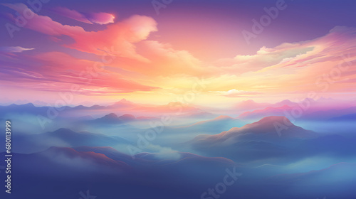 Majestic Sunrise Over Generative AI Rendered Mountain Range with Mist and Vivid Colors © Ahzrael