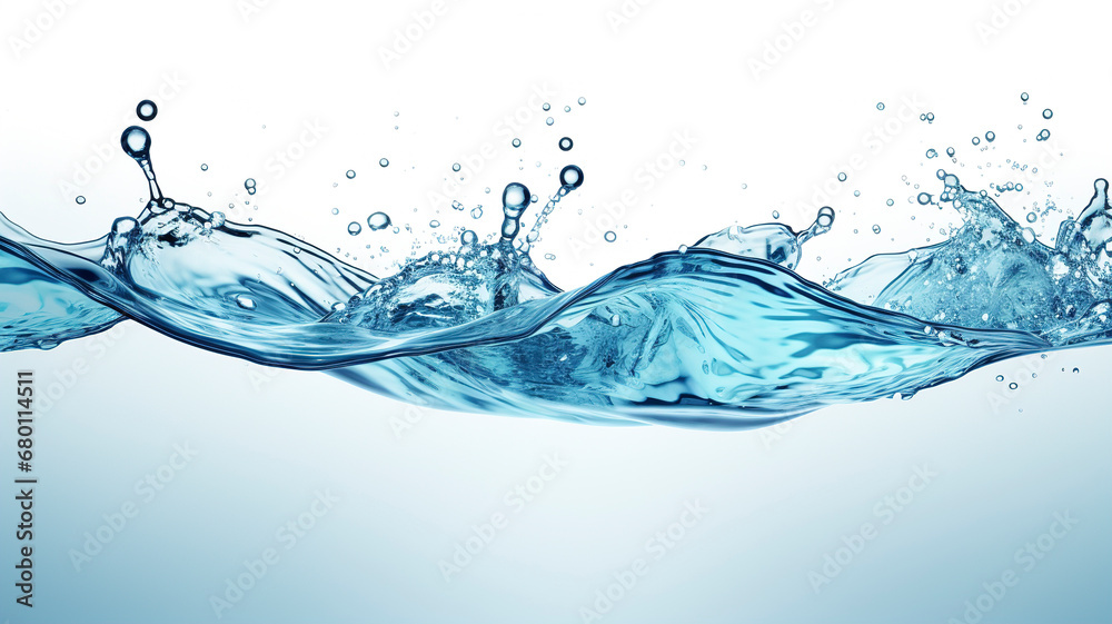 Blue water splash with droplets, splashing water with spray droplets, fresh drink transparent wave, wave with splashes of clean spring water
