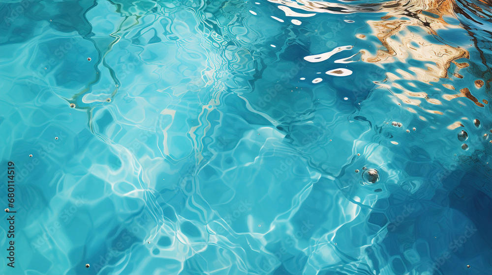 Fototapeta premium Closeup of turquoise water surface in swimming pool, abstract beautiful ripple wave of ocean or sea background, background of transparent blue water surface, ocean water background