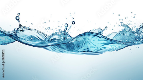 Blue water splash with droplets, splashing water with spray droplets, fresh drink transparent wave, wave with splashes of clean spring water