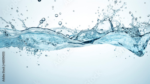 Blue water splash with droplets, splashing water with spray droplets, fresh drink transparent wave, wave with splashes of clean spring water