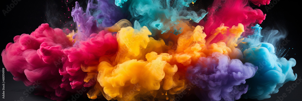 Blue Red and yellow colored powder explosions on black background_