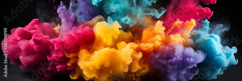Blue Red and yellow colored powder explosions on black background_