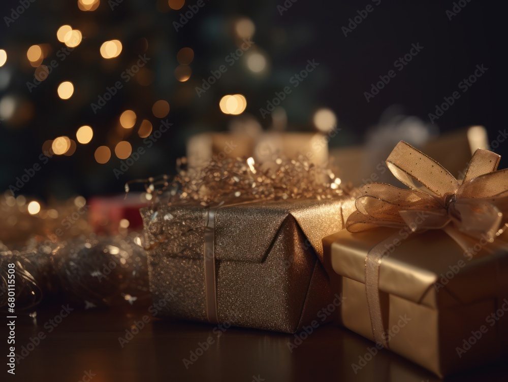 Gift boxes and Christmas tree with bokeh lights on background Gift boxes and Christmas tree with bokeh lights on background