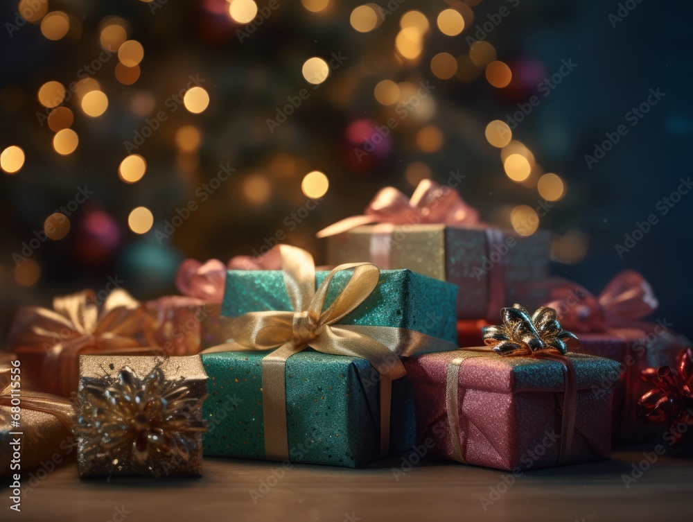 Gift boxes and Christmas tree with bokeh lights on background