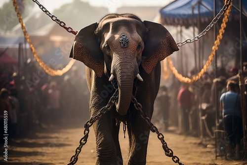 Elephant confined by a metal chain with a crowd observing photo