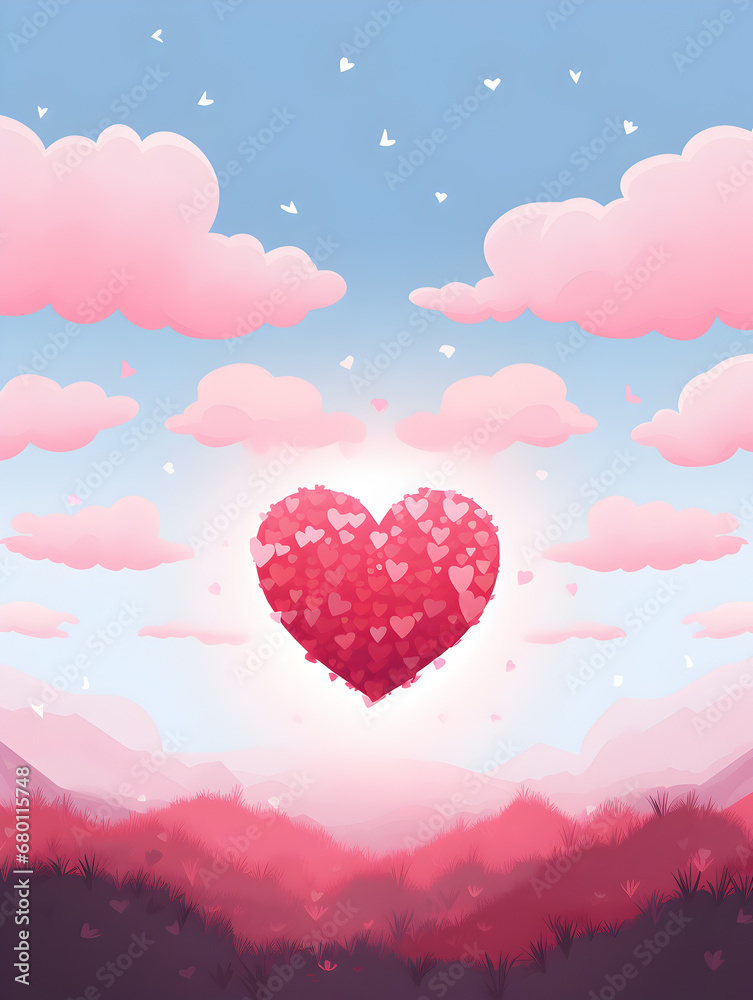 Pixelated heart rising above mountains, surrounded by a dreamy haze of love and affection. Pixel art style valentines card.
