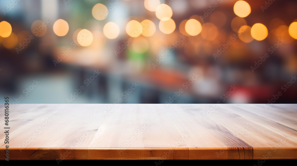 Empty minimal natural wooden table counter podium in the kitchen