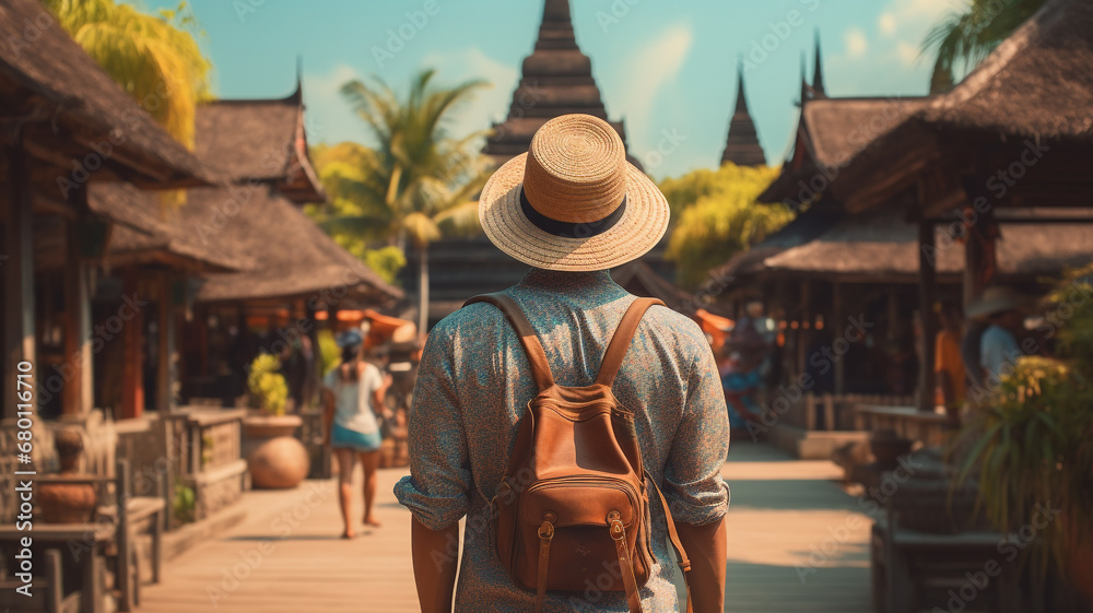 Young tourist man stands in front of cultural attractions in Asia - obrazy, fototapety, plakaty 