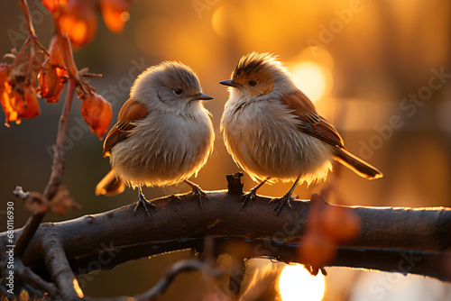 Two small birds interacting on a bare branch with dried leaves against a blurred warm golden background.