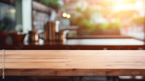 Empty minimal natural wooden table counter podium in the kitchen