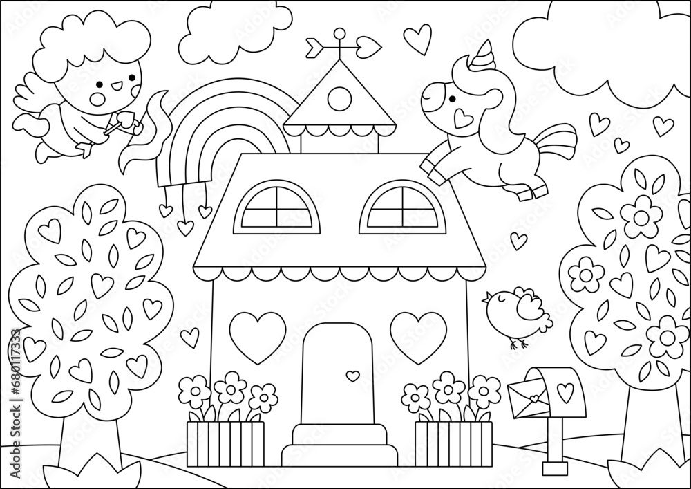 Vector black and white Saint Valentine day scene with cupid, unicorn, rainbow, house. Cute kawaii line illustration with love concept. Garden landscape with hearts. Coloring page for kids.