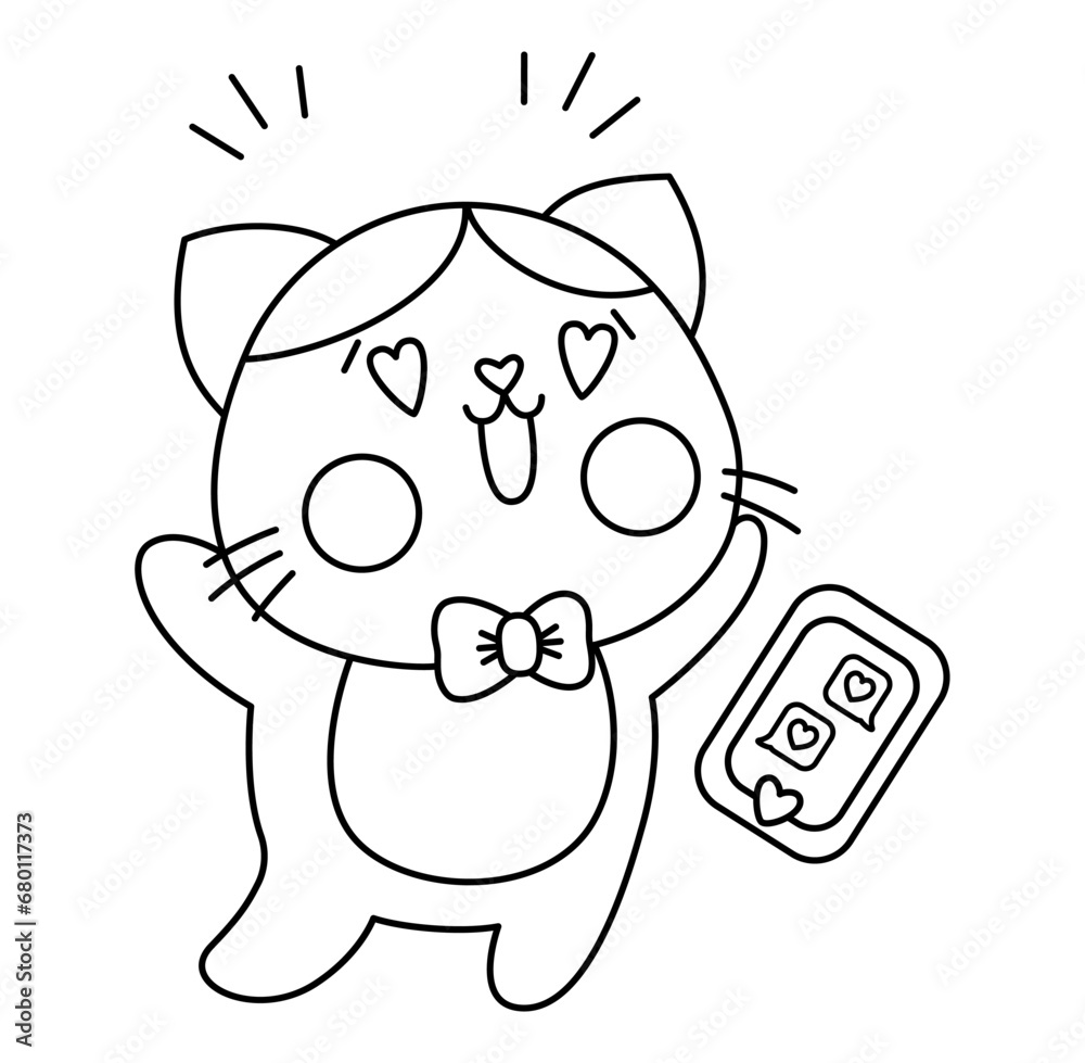 Vector black and white kawaii cat boy with heart shaped eyes. Line
