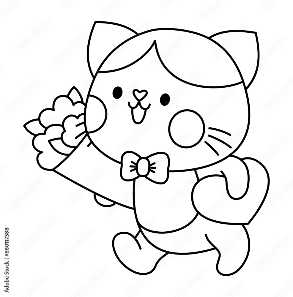 Obraz premium Vector black and white kawaii cat boy going to date with flowers. And candies. Line kitty clipart or icon. Cute kitten illustration. Funny Saint Valentine day coloring page for kids with love concept.