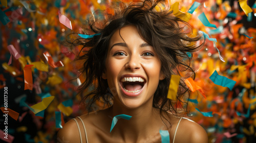 Young woman with colorful confetti raining