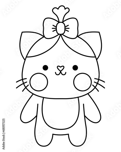 Vector black and white kawaii cat girl icon with bow. Line kitty isolated clipart. Cute kitten outline illustration. Funny Saint Valentine day coloring page for kids with love concept.