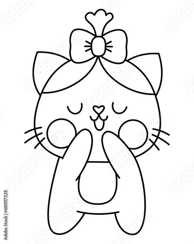 Vector black and white kawaii shy cat girl icon with bow. Line kitty isolated clipart. Cute kitten outline illustration. Funny Saint Valentine day coloring page for kids with love concept.