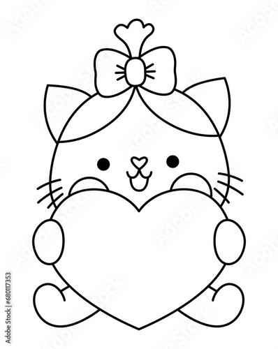 Vector black and white kawaii cat girl sitting with heart. Line kitty isolated clipart or icon. Cute kitten outline illustration. Funny Saint Valentine day coloring page for kids with love concept.