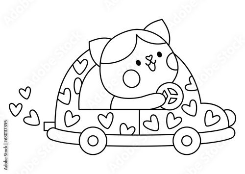 Vector black and white kawaii cat driving car with hearts. Line kitty isolated clipart. Cute kitten outline illustration. Funny Saint Valentine day coloring page for kids with love concept.