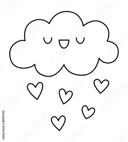 Vector black and white kawaii cloud icon raining with hearts. Line nature object isolated clipart. Cute line illustration. Funny Saint Valentine day coloring page for kids with love concept.