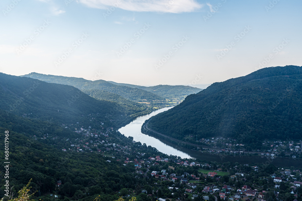 View from Vyhlidka Miroslava Draxla viewpoint above Usti nad Labem city in Ceske stredohori mountains in Czech republic View from Vyhlidka Miroslava Draxla viewpoint above Usti nad Labem city in Ceske stredohori mountains in Czech republic