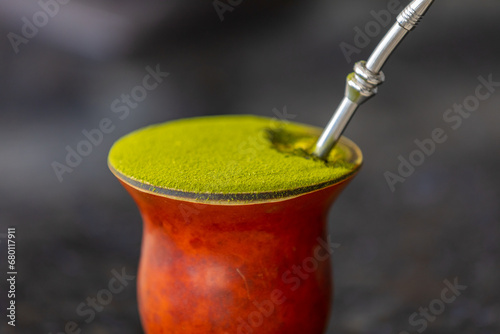 Traditional Brazilian chimarrão, a typical drink from the south of the country, served in a 