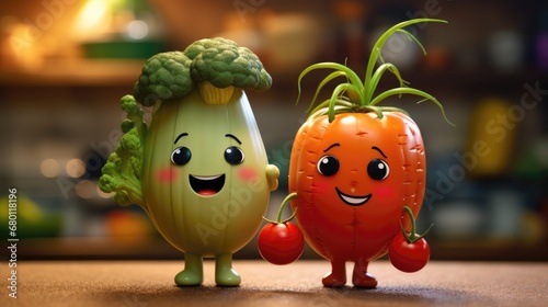 Vegetable 3d cartoon character. Healthy vegetable with eyes and smile. Funny mascot on kitchen background. © Jacques Evangelista