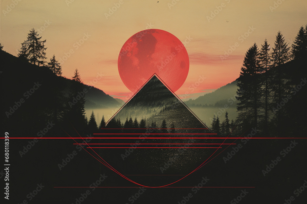 Landscape and nature concept. Surreal landscape collage illustration with red sun, forest, trees, mountains and water. Abstract and surreal style. Grunge, halftone and glitch pattern combination - obrazy, fototapety, plakaty 